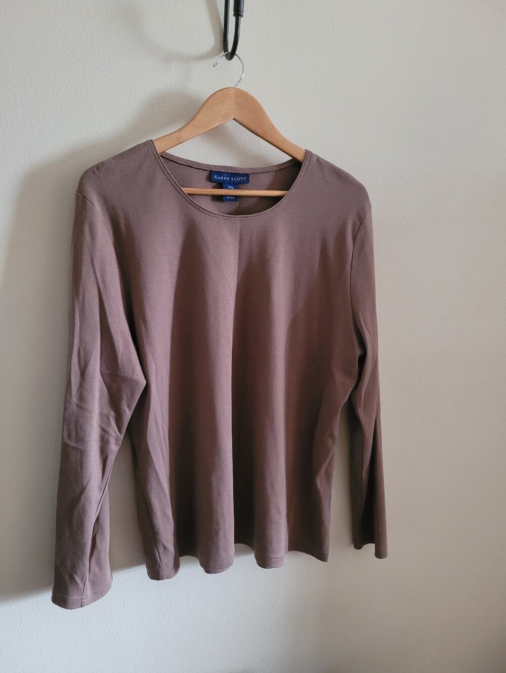 Karen Scott Buttery Soft Neutral Cotton Long Sleeved Top, Women's XL, Camel